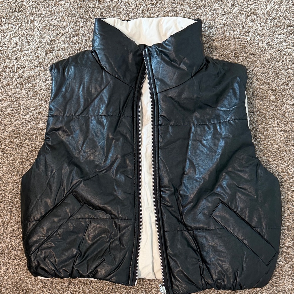 Reversible Black Quilted Puffer Vest with High Collar